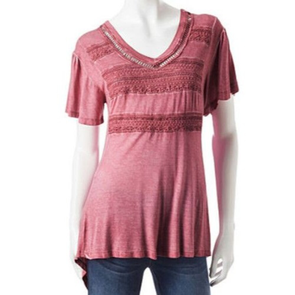 Energe Flowy Antique Red Lace Striped Short Sleeve Shirt Top Women Size Medium